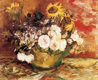 Gemälde Reproduktion von Vincent Van Gogh Schale mit Sonnenblumen, Rose und anderen Blumen