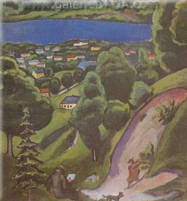 August Macke Paisaje Tegernsee con Man Reading y Dog reproduccione de cuadro