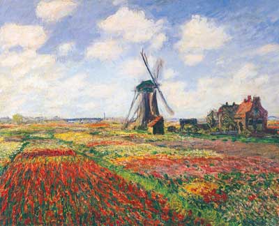 riproduzione-quadri-di Claude Monet Tulip Fields con il mulino a vento di Rijnsburg