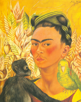 riproduzione-quadri-di Frida Kahlo Self - Ritratto con Scimmia e Parrot