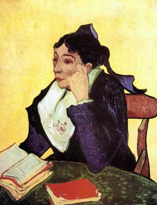 riproduzione-quadri-di Vincent Van Gogh L'Arlesienne Madame Ginoux con libri