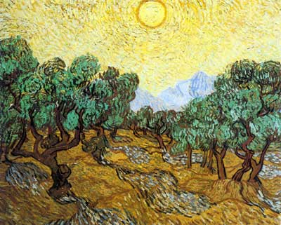 riproduzione-quadri-di Vincent Van Gogh Ulivi con cielo giallo e sole